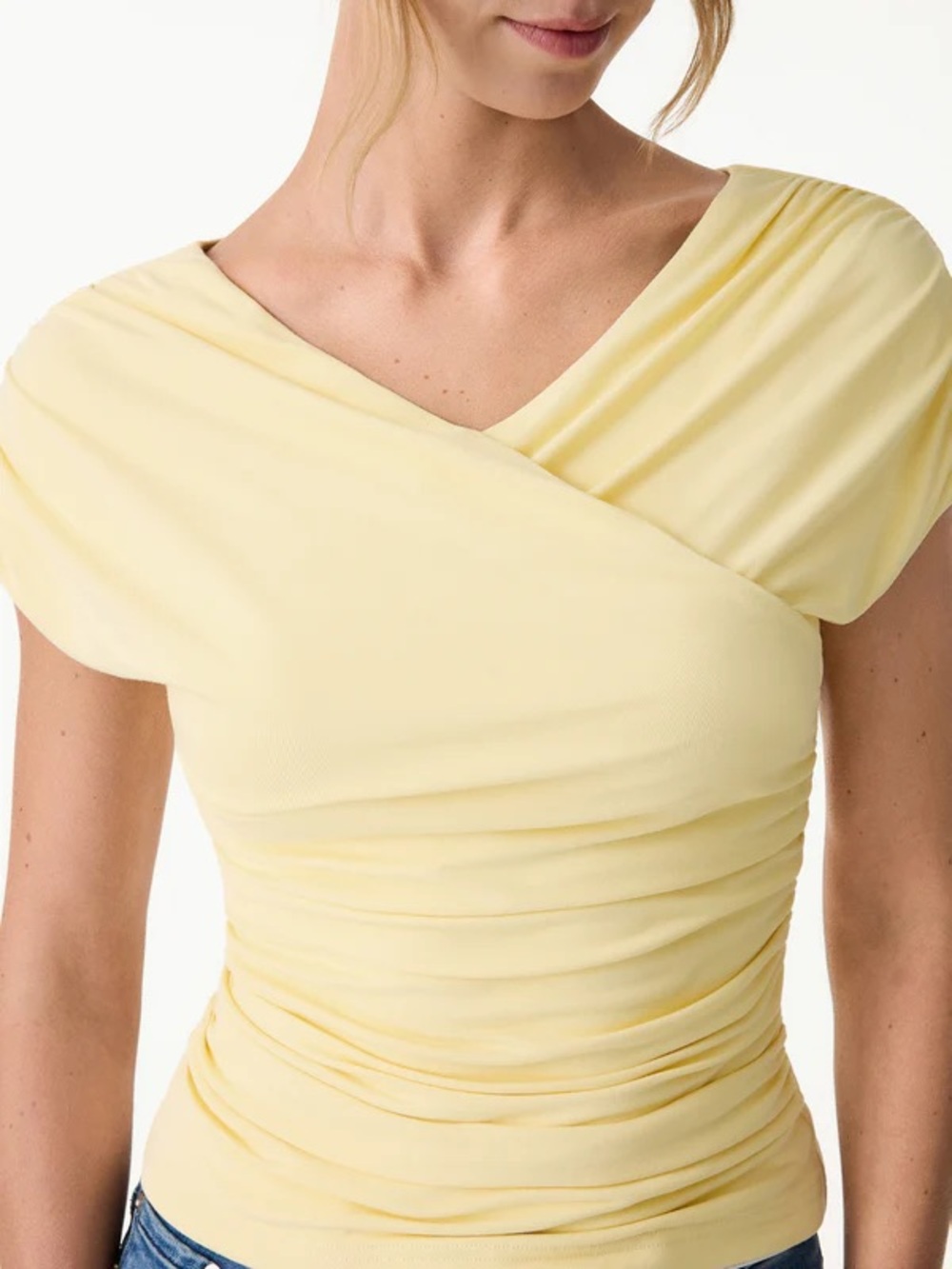 OGL Sun-kissed Pale Yellow One-Shoulder Ruched Wrap Top